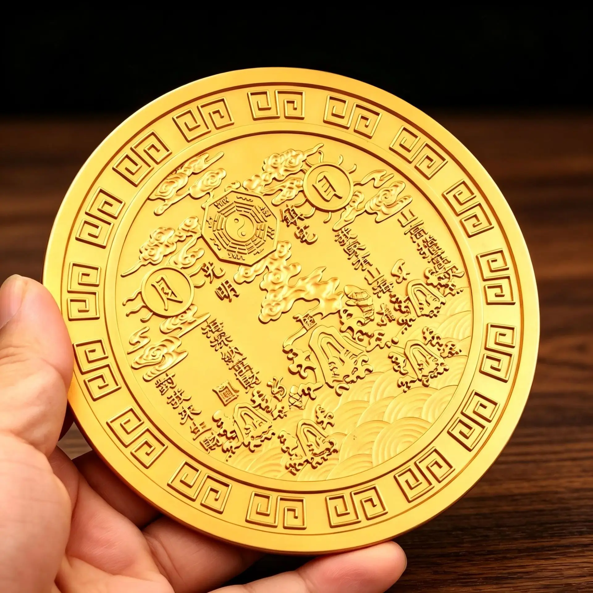Sun Moon Golden Mountain Sea Town Double-sided Relief Chinese Style Home Office Desktop Wealth