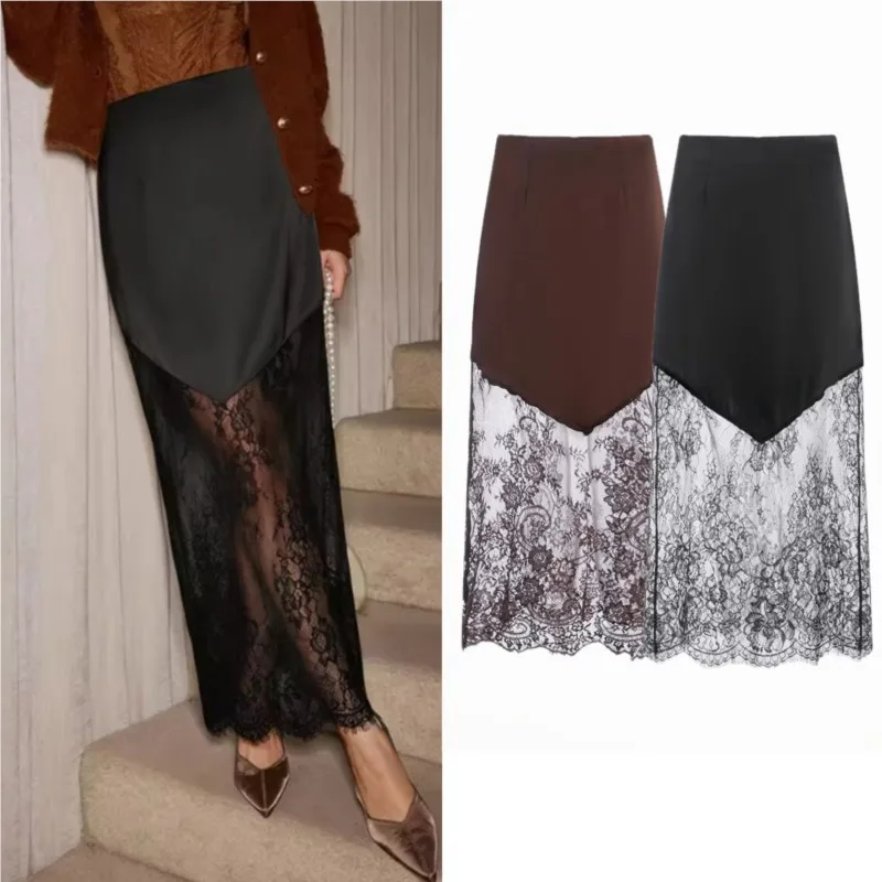 

Women's Retro Lace Skirt 2025 New High Waisted Slin Hollow Long Skirt Fashion Autumn Sexy Female Party Skirts