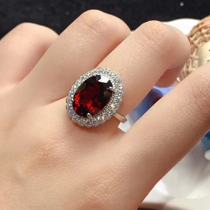 Classic Natural Garnet Ring for Engagement 10mm*14mm 6ct Genuine Garnet 925 Silver Ring with 18K Gold Plating