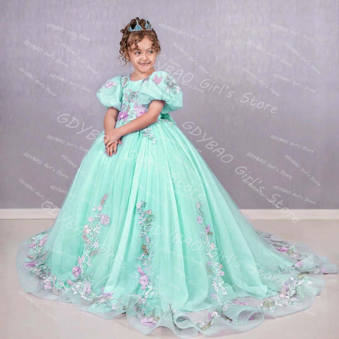 

Customized Flower Girl Dress Colorful Lace Aqqliques Princess Pageant Gowns Balloon Sleeve Princess Gown Wedding Birthday Dress
