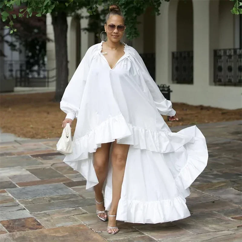 

Casual Loose Oversized White Shirt Dress Women Clothing Long Sleeve V-neck Ruffles Big Swing Irregular Club Party Long Dresses