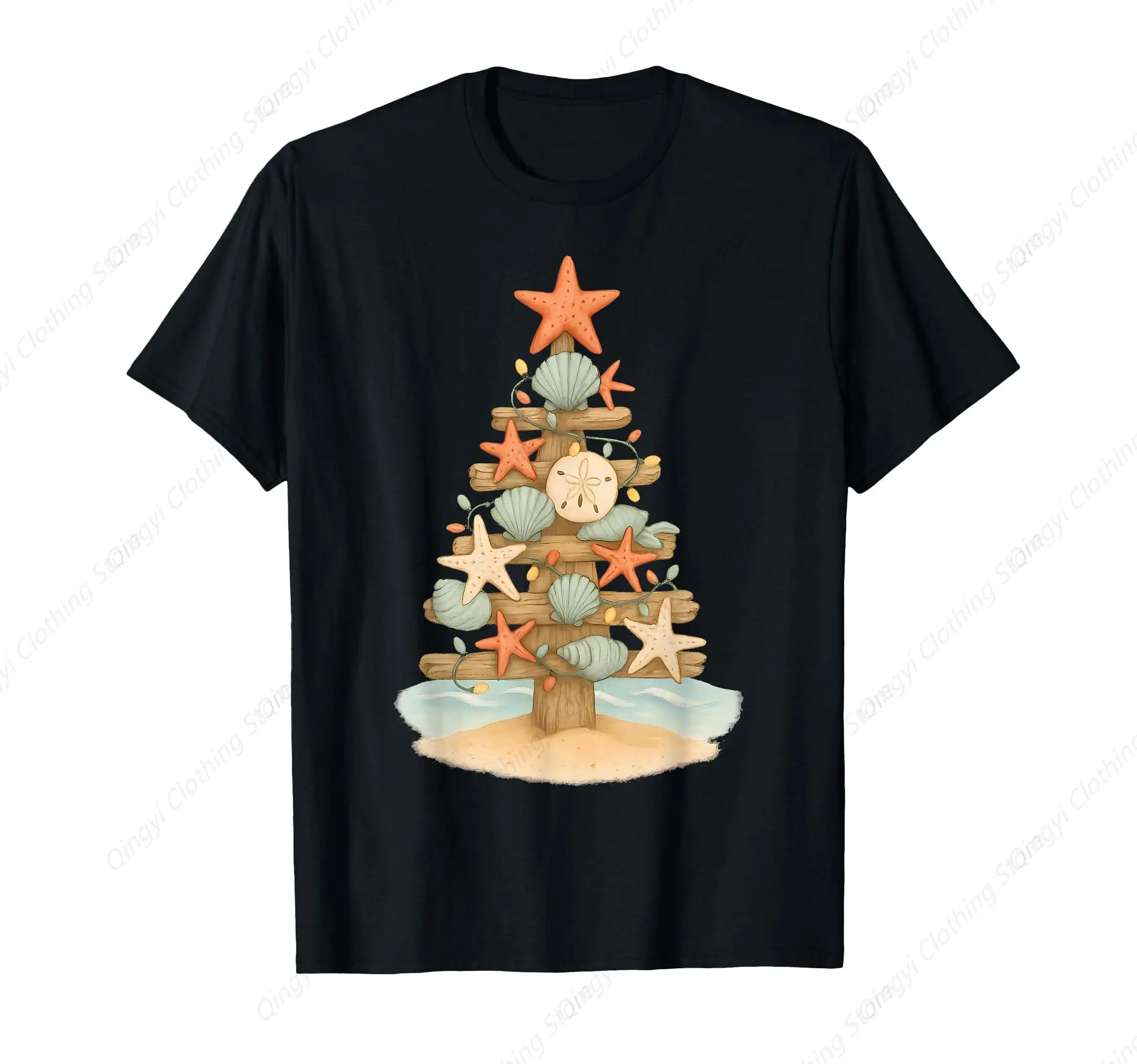 

Christmas Tree Beachy Seashell Starfish Coastal Beach Xmas T-Shirt