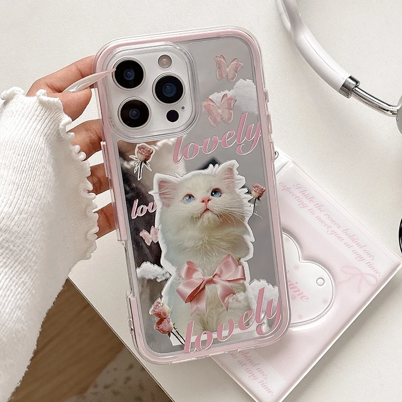 

Cartoon Cute Pink Bow Cat Mirror Phone Case For iPhone 16 Pro Max 15 13 14 12 11 2 in 1 Shockproof Hard Back Cover