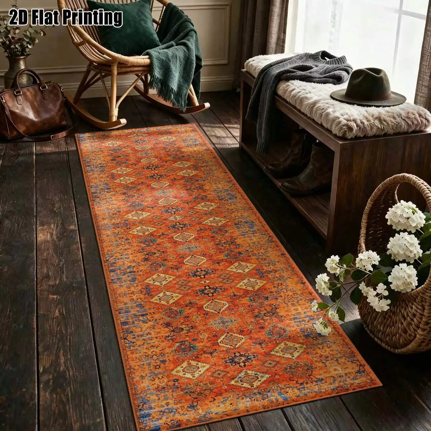 1Pc 2D Printed Strip Runner Rug: Orange Geometric Diamond Pattern, European/Bohemian/Vintage Styles, Machine Washable, Multi-Size, Ideal for Entryway, Hallway, Bedroom, Living Room Home Decor