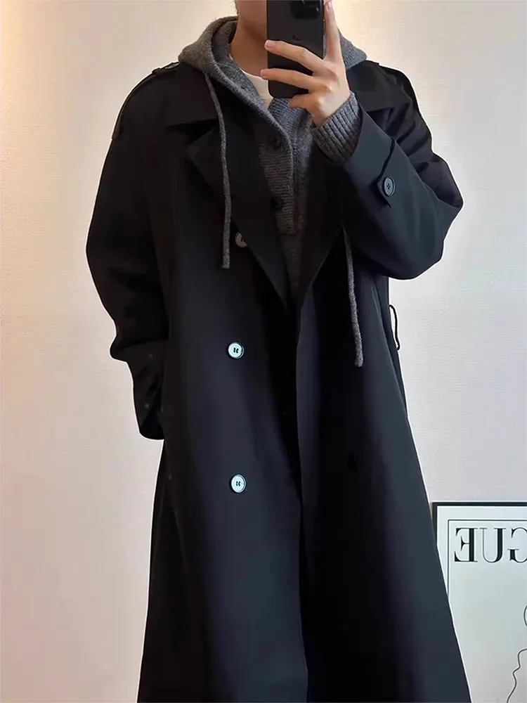 

Корейское мужское длинное пальто Aosphere, осеннее, в британском стиле, с двойным рядом пуговиц, молодежное, свободного кроя, не требующее глажки