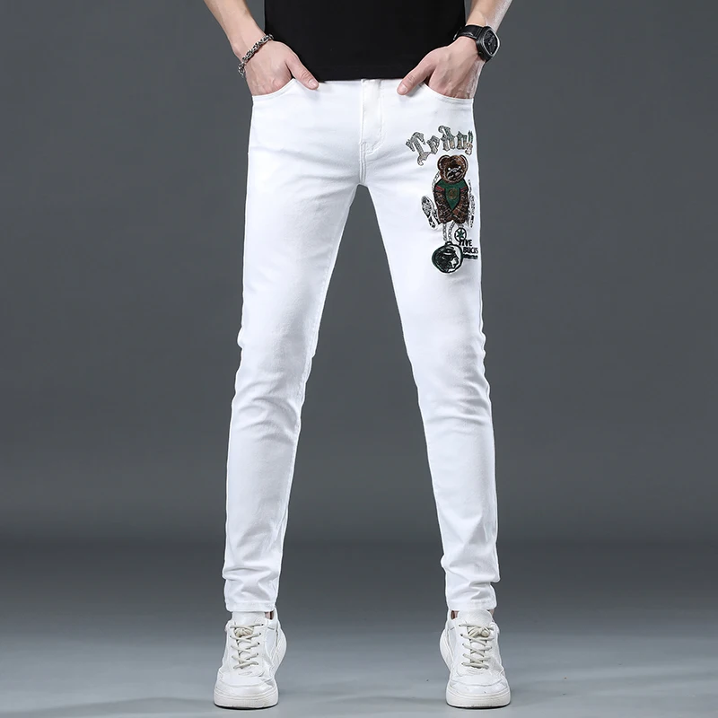 

Tagkita Brand Embroidered Rhinestone Slim Fit White Jeans Men Summer Thin Straight Leg Long Trousers Youth Faion Casual Cotton