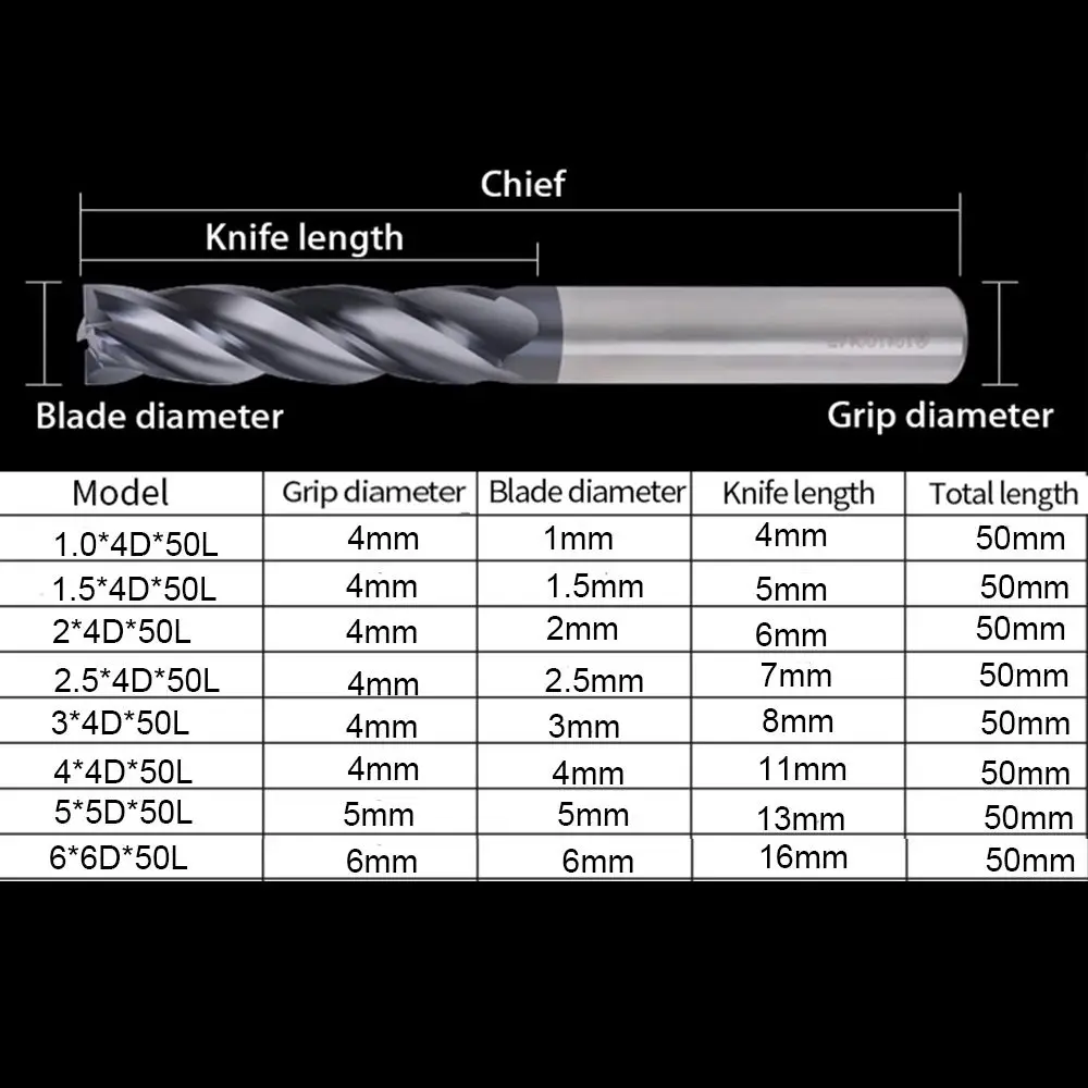 Endmill Cutting 4 Flute Mill 1mm 1.5mm 2mm 2.5mm 3mm 4mm 5mm 6mm Carbide Tungsten Steel Milling Cutter End Mill Metal Cutter