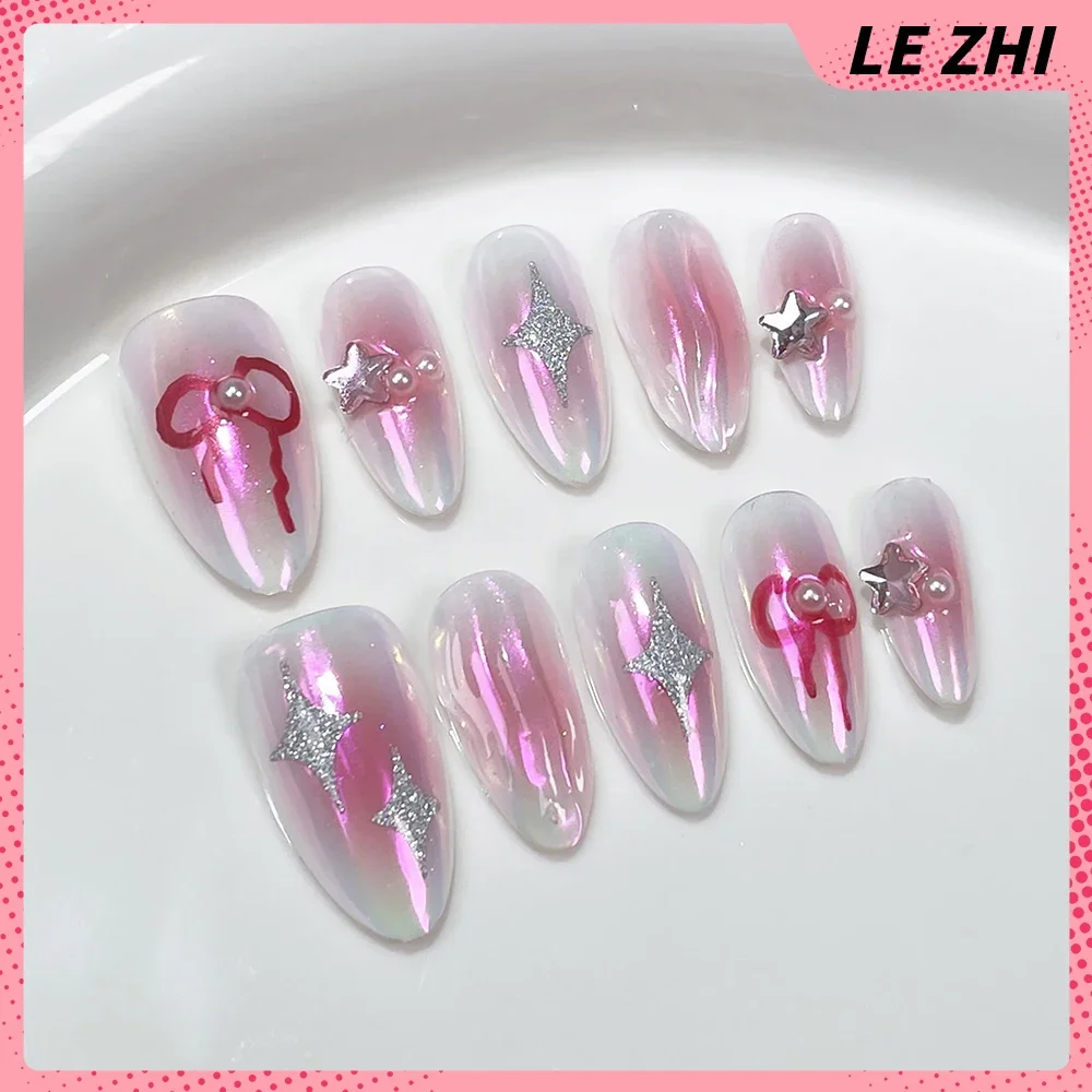 Almond Bow Aurora Powder Press On Nails Handmade Bear Butterfly Summer Magic Mirror Pink Cat Eyes Fake Nails Party Stickers