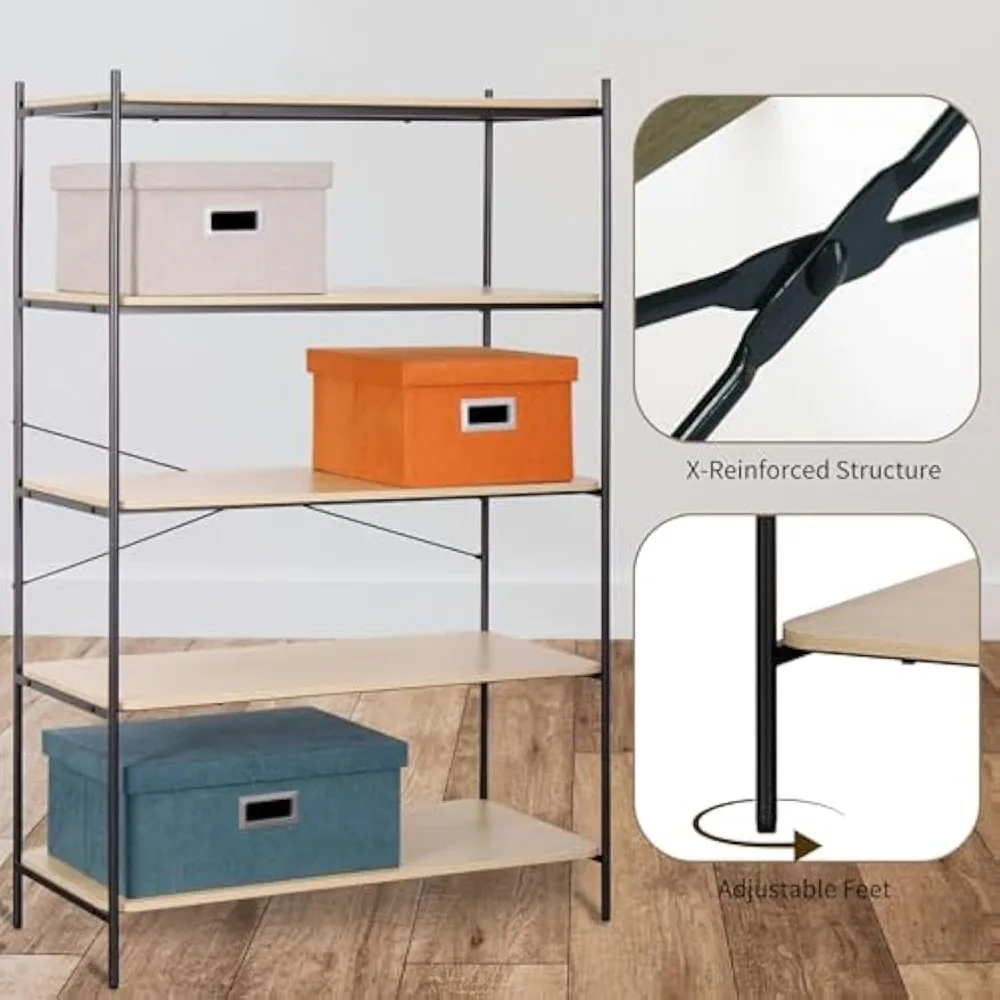 رف كتب خشبي حديث مكون من 5 طبقات - خزانة كتب قائمة بذاتها ومنظم تخزين للمكتب المنزلي وغرفة النوم وغرفة المعيشة #6