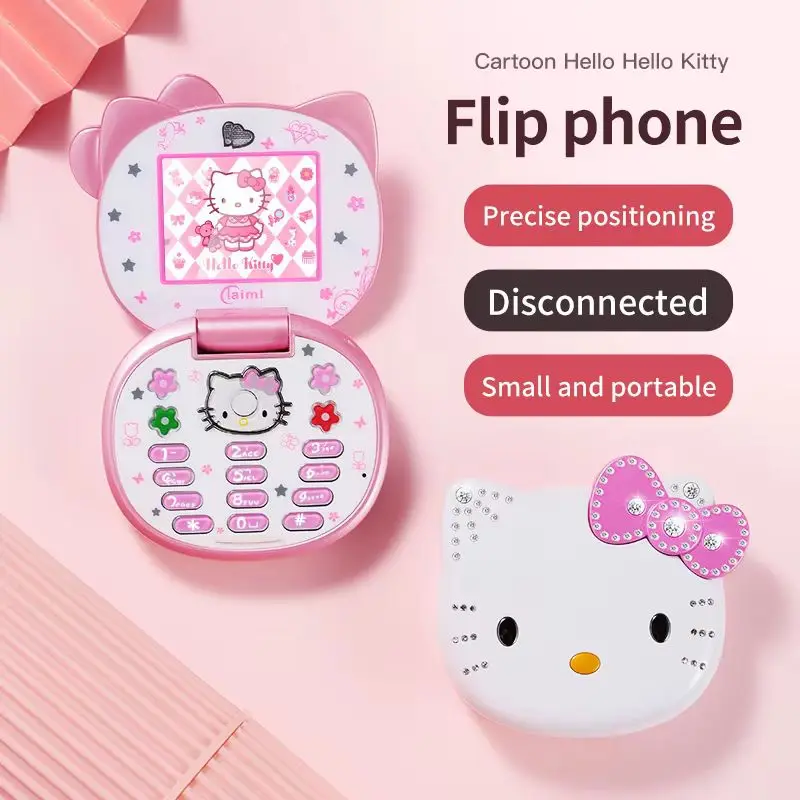 

2025 Новый Kawaii Sanrio Hello Kitty раскладной телефон с героями мультфильмов, милый детский белый, розовый мини-телефон, подарки на день рождения для детей, игрушки для девочек