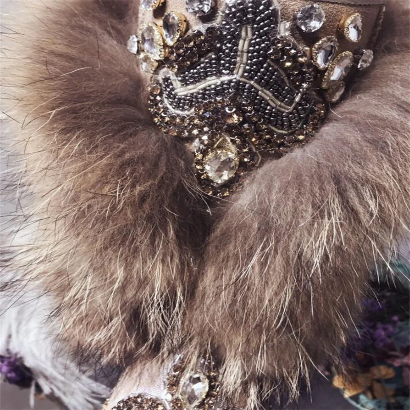 Vintage beaded hand-made fur one-piece boots Rhinestone Brown Winter plus fleece warm fox hair boots Women\'s plus size 35-44