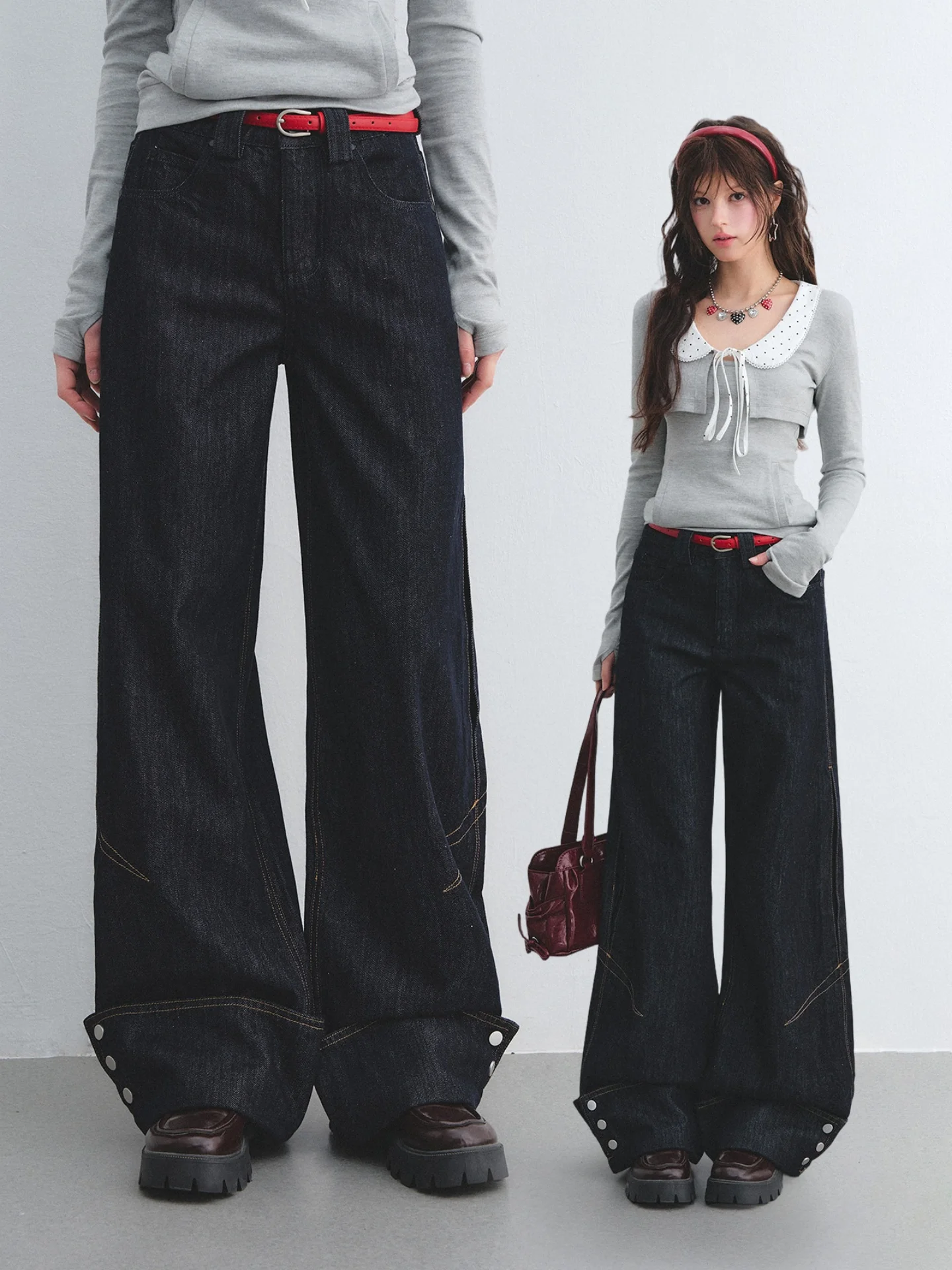 

AsGony Zhang Xiaowan American Retro Straight Leg Wide Leg Jeans Button Cuffed Long Pants Natural Waist Pure Color Medium Hard...