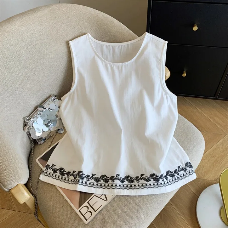 

Women Clothing Summer Fashion Casual Embroidered Solid Color O-neck Female Fashionable Appear Thin Sleeveless Tank Top Top Tee