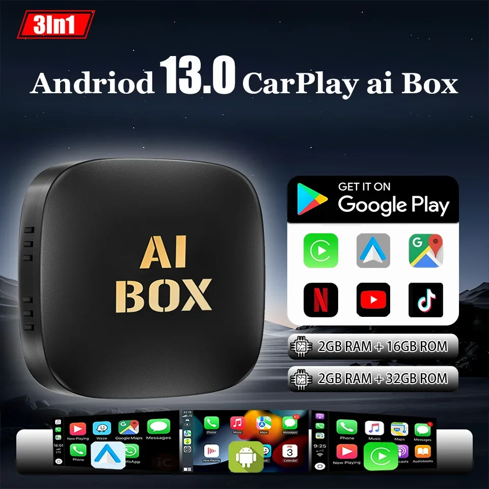 

New Android13 Video Box Android Auto & Carply 3in1 Wired to Wireless Adapter Built-in Netflix YouTube Google Play Plug & Play