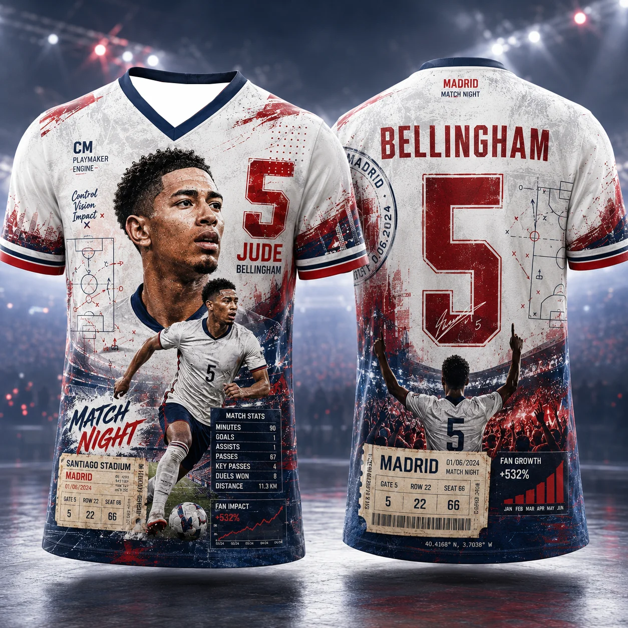 Camiseta de Fútbol con Estampado de Retrato de Jude Bellingham Número 5  cuello T  Camiseta Conmemorativa del Partido del Real Madrid para Niños y Adultos