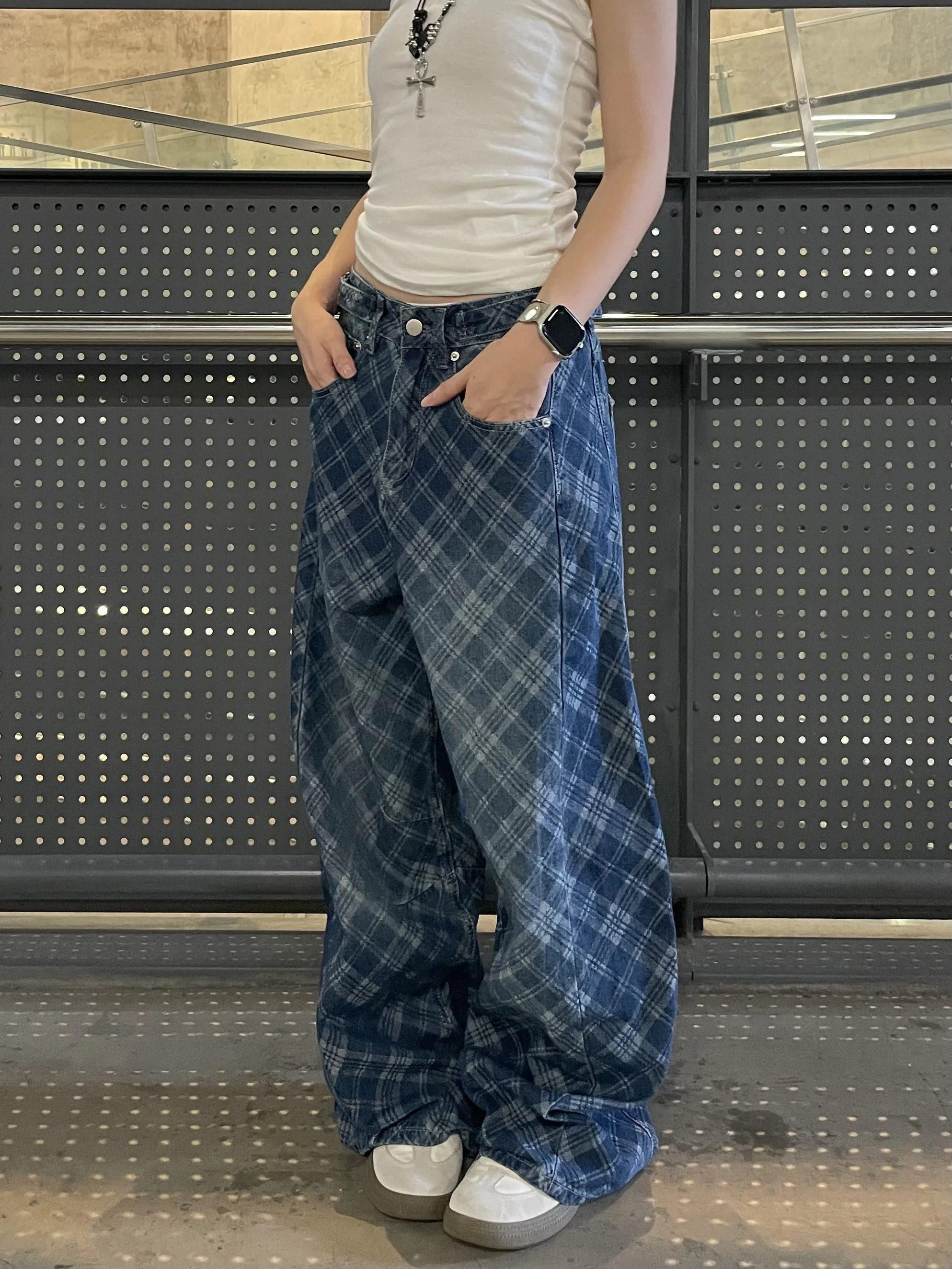 

Джинсы женские свободного кроя из хлопка с высокой талией, на молнии, в стиле ретро-американский клетчатый узор, для активного отдыха, осенние, теплые