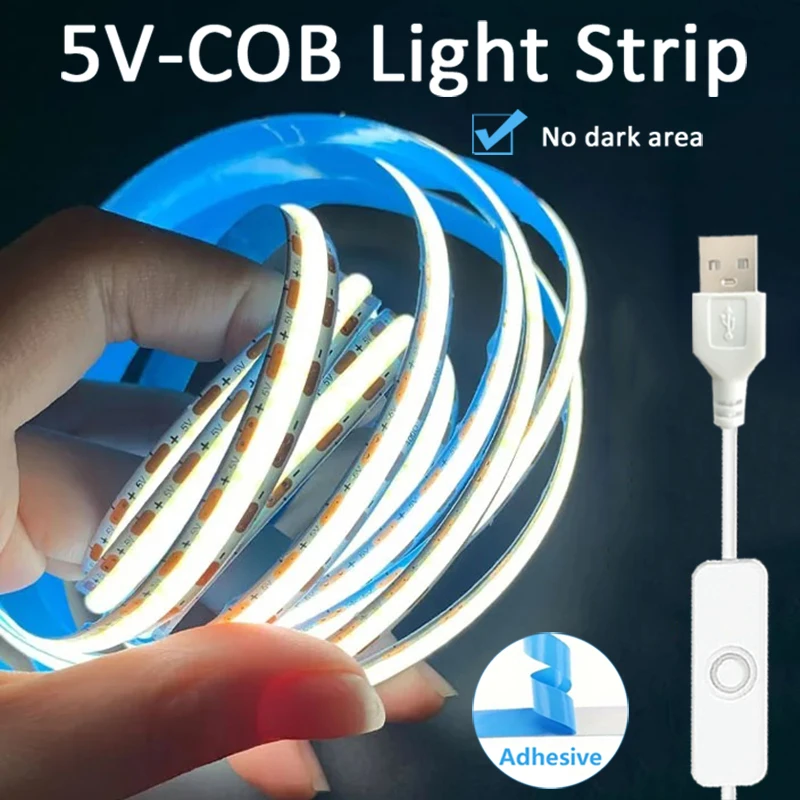 COB LED Strip Light 5V USB Flexible Led Strip Lights 320leds/M with ON-OFF Switch for Kitchen Room Cabinet TV Mirror Backlight