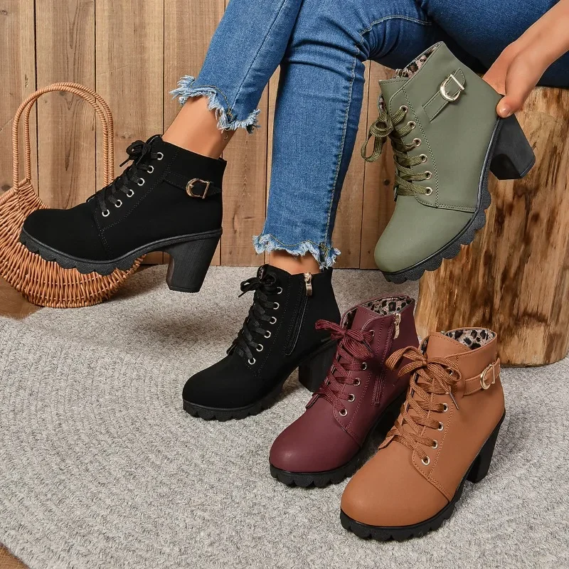 2024Women Shoes Women Fashion High Heel Lace Up Ankle Boots Ladies Buckle Platform Artificial Leather Shoes Bota Feminina