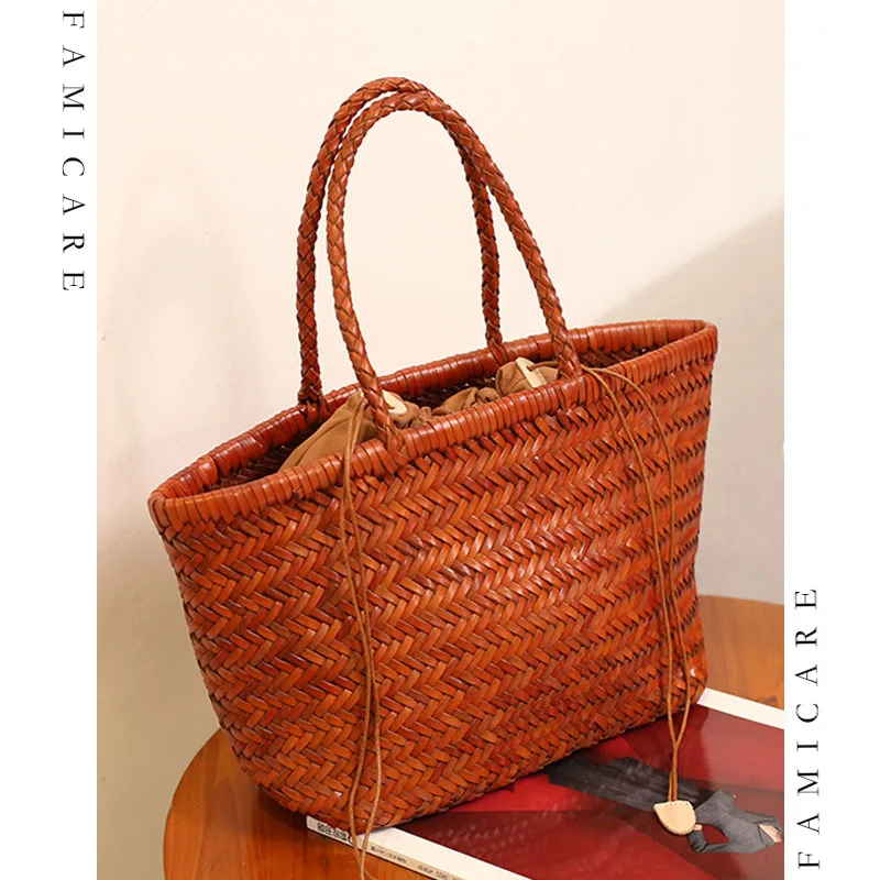 Women Genuine Leather Woven Tote Bag Large Capacity Casual Commuter Shoulder Bag Lady Vintage Basket Handbags with Inner Pouch