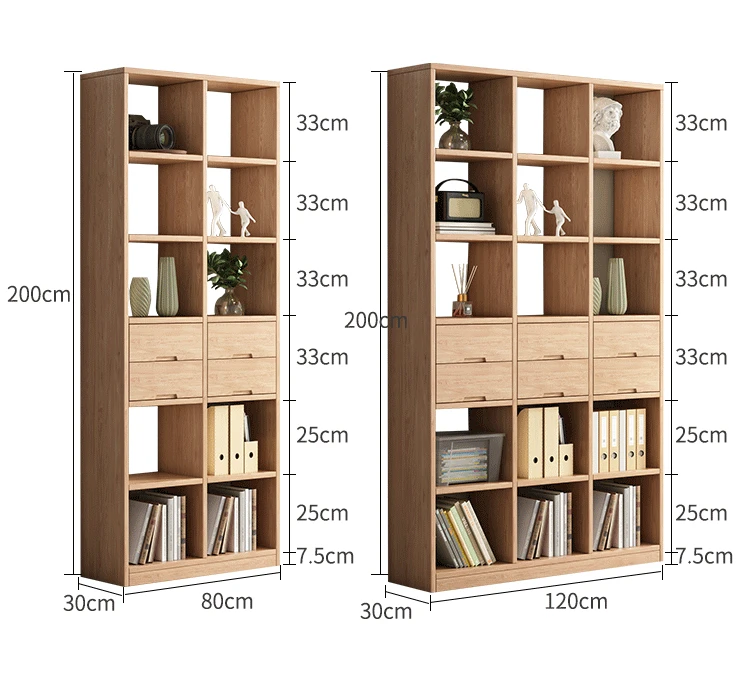 

Solid wood oak bookshelves are integrated with floor-to-ceiling storage