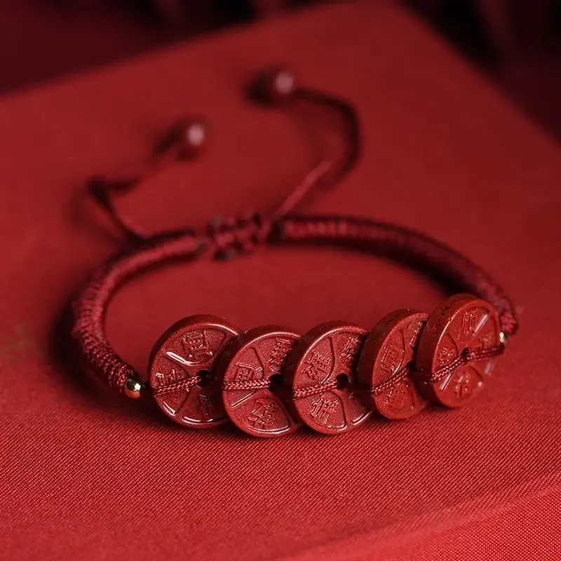 High Content Cinnabar Five Emperor Coins Woven Red Rope Anklet Bracelet for Men and Women This Life Year Hand Rope Couple Gift