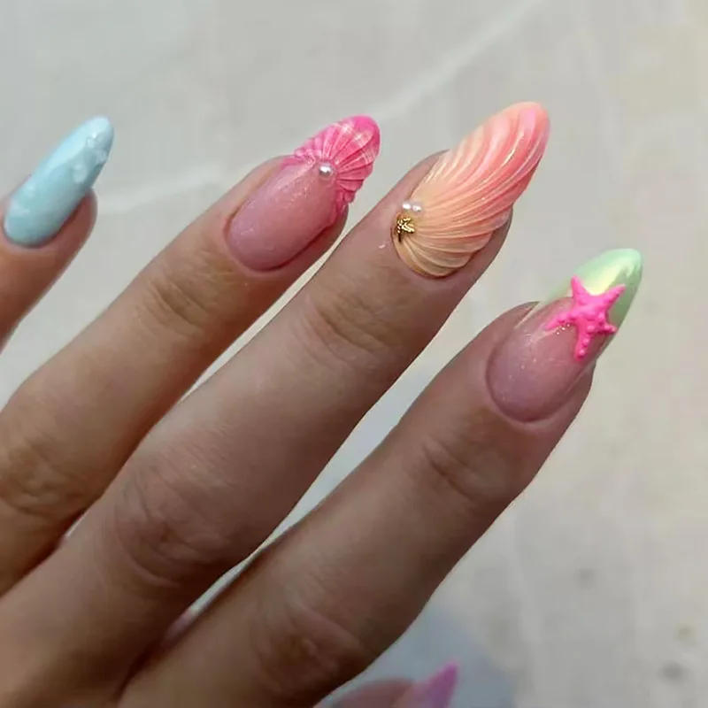 24 Uds. Puntas de uñas postizas de verano, conchas 3D, decoraciones de estrella de mar, parches de uñas postizas de almendra desmontables de color rosa y azul para vacaciones