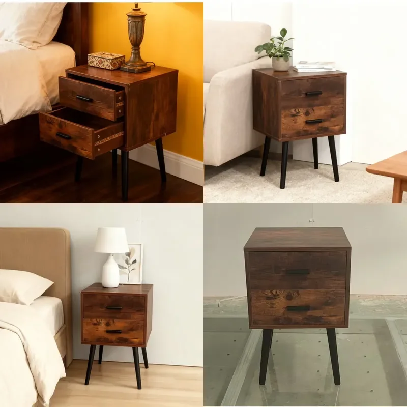 Nordic Retro Wood Grain Nightstand with Double Drawers Compact Bedroom Side Table Living Room Storage Cabinet