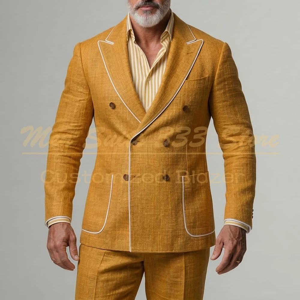 

Linen Casual Men's Suits Customized Double Breasted Peak Lapel Blazer Fashion Business Summer 2 Piece Jacket Pants Sets