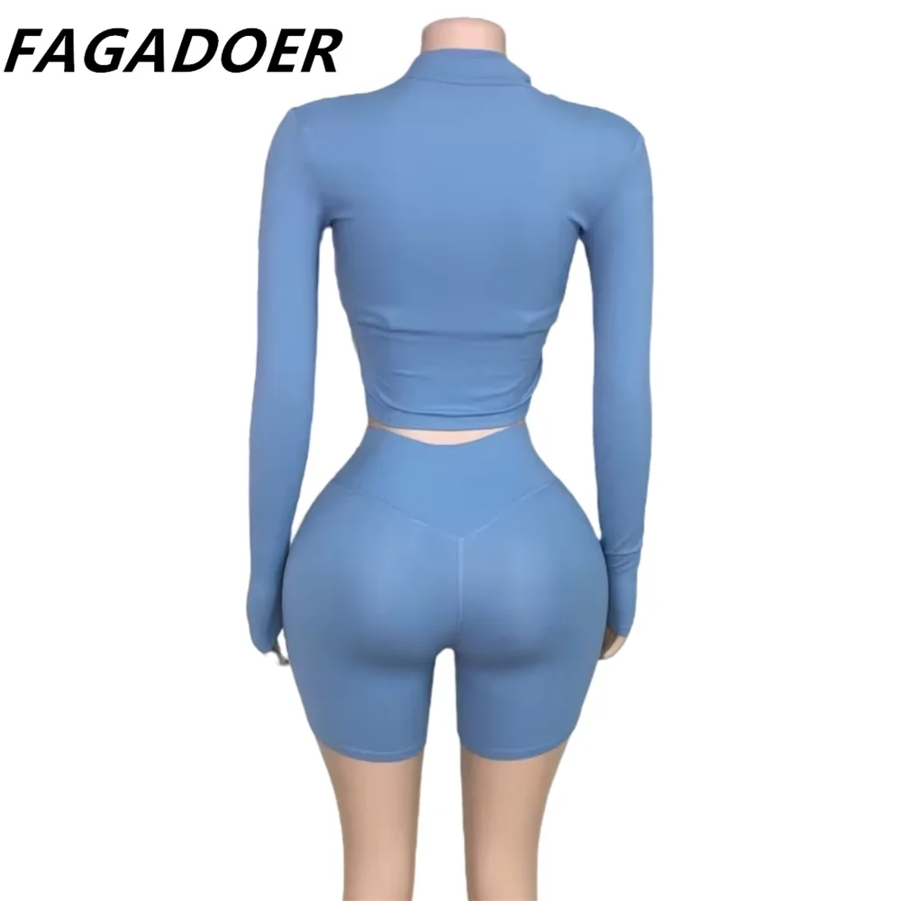 FAGADOER High Quality Stretchy Sporty 3pcs Sets Outfits Casual Tracksuit Candy Color Zip Jacket + High Waist Shorts + Sport Bra