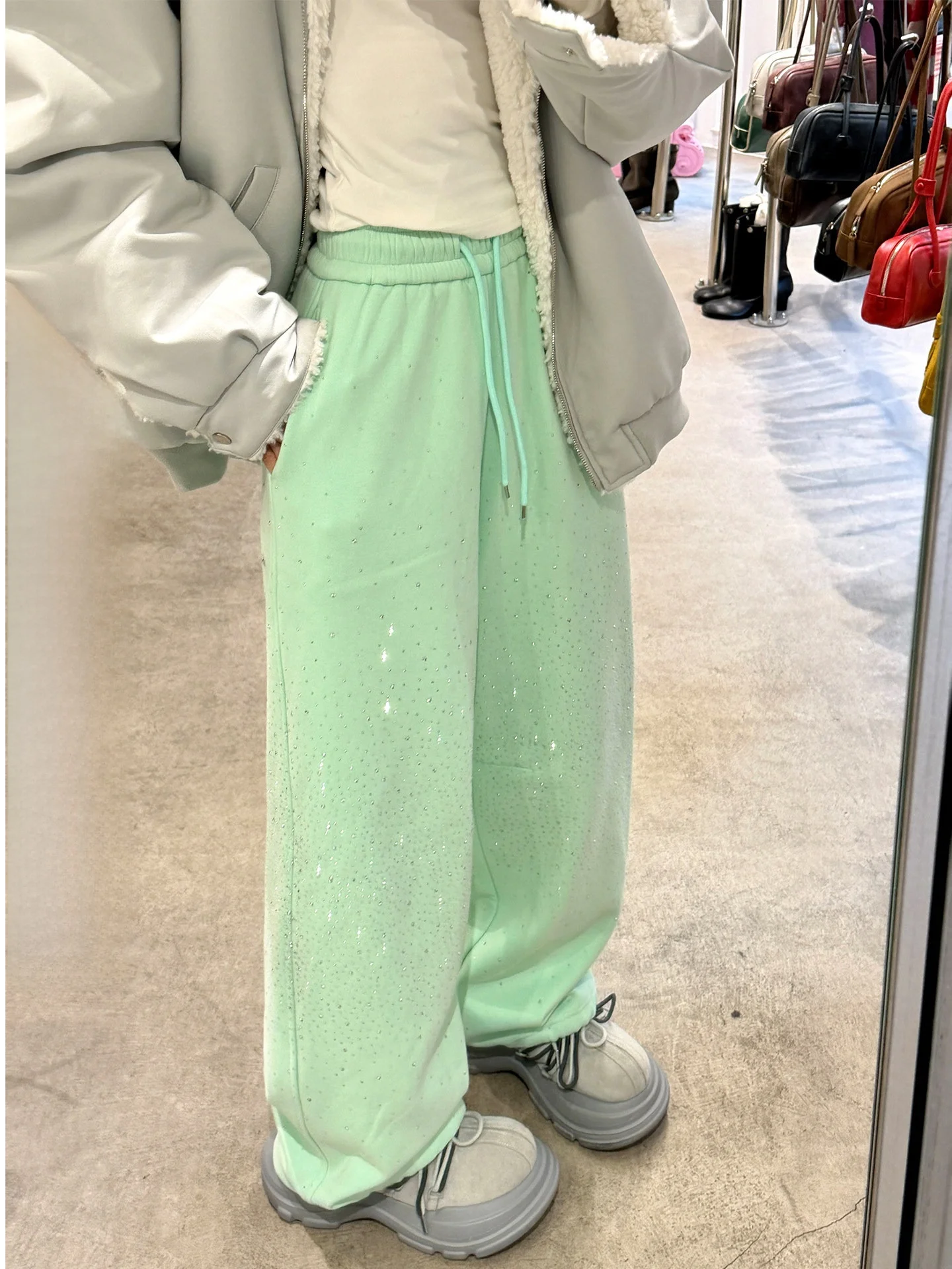 

Оригинальные корейские прямые повседневные брюки Liu Wan Jun из хлопка со стразами, женские модные универсальные длинные брюки-кюлоты