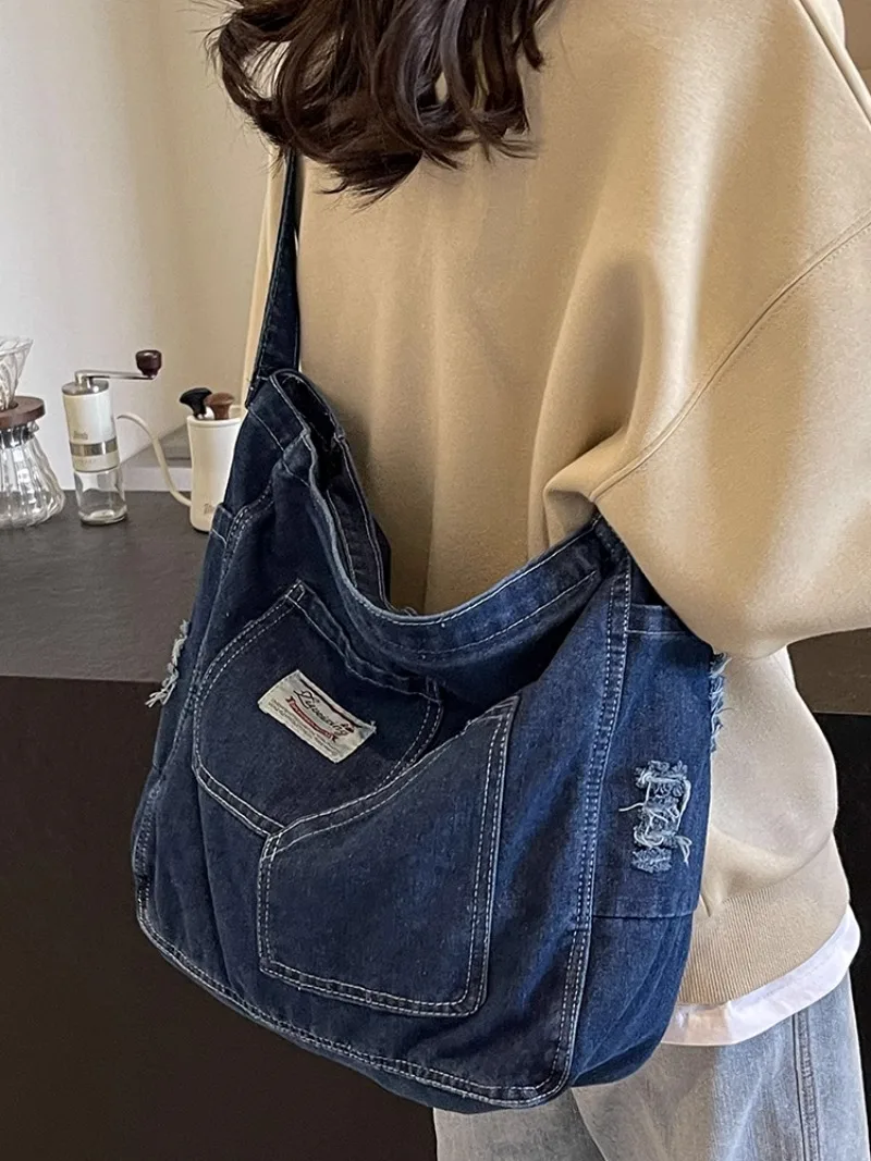 Trendy Denim Large Shoulder Crossbody Bags Women Tote Handbags and Purses New Jeans Hobos Ladies Messenger Bag High Quality