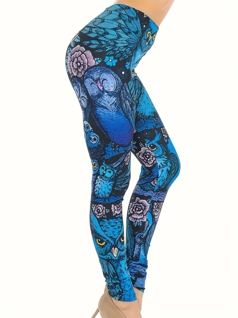 Owl print slim-fit elastic waist basic casual female leggings wear every day