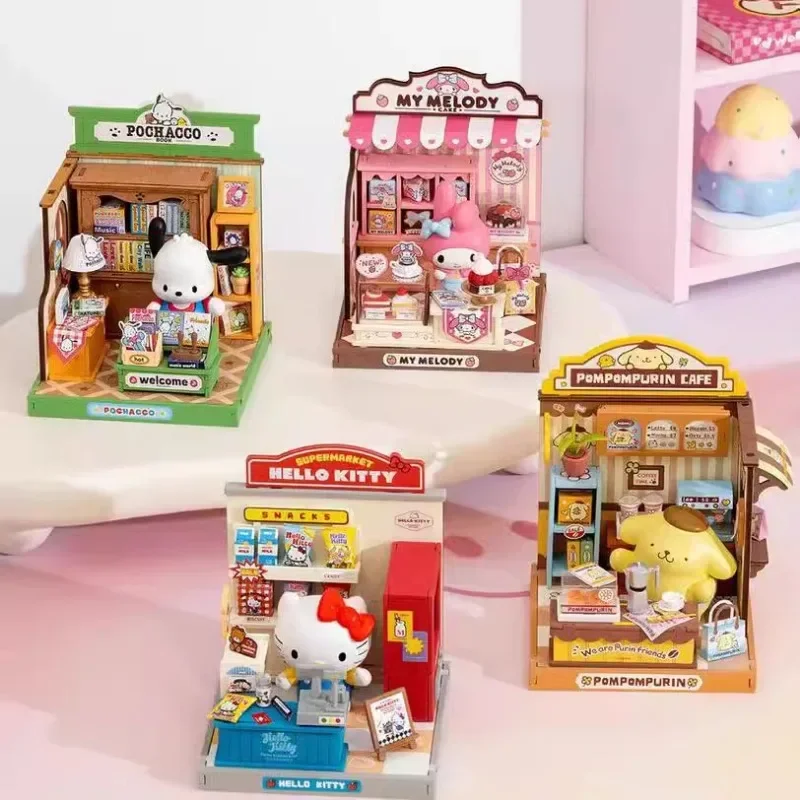 Sanrio Family Cute Fun Shopkeeper Wooden Building Blocks Hello Kitty Hello Kitty Miniature Model Patchwork Toy Collection Gift