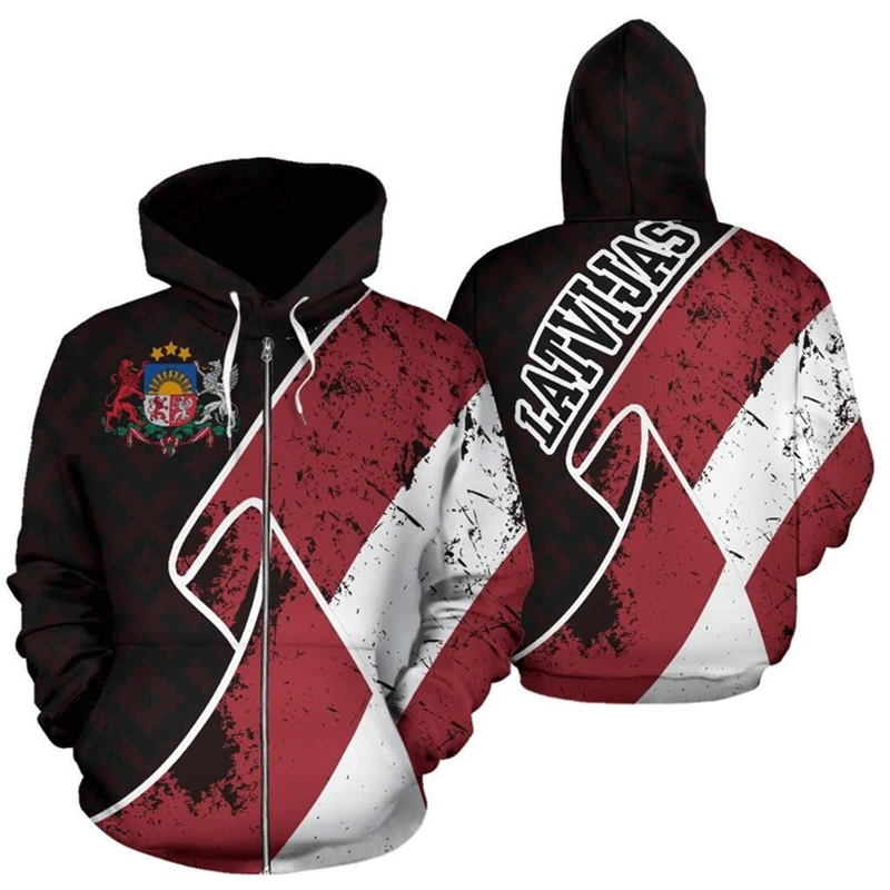 Latvia Emblem Flag 3D Printed Zip Up Hoodies Men Clothing Fashion Autumn New Outwear Coat Mens Designer ClothesTracksuit Tops