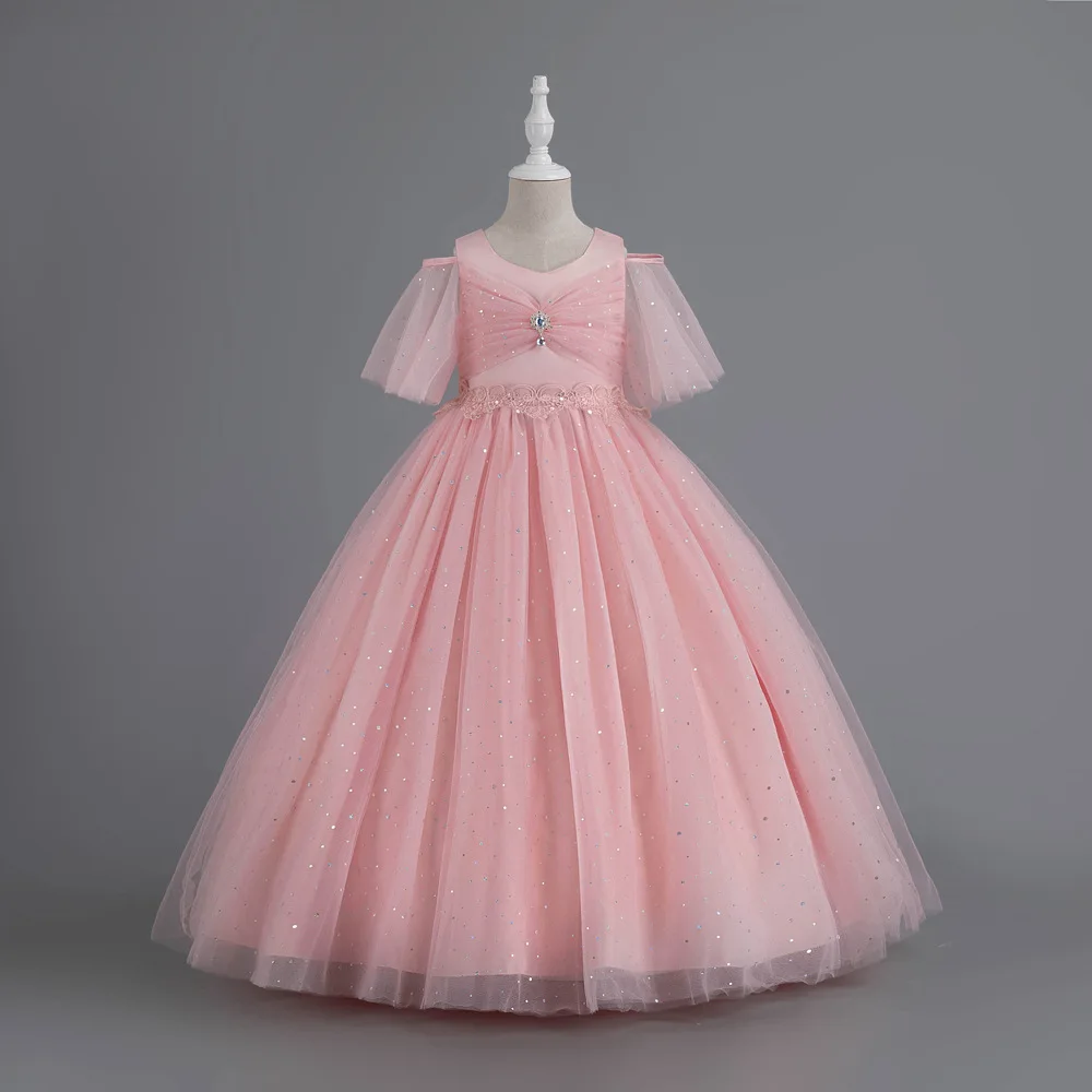 

Элегантное свадебное платье для девочек, детская юбка принцессы с короткими рукавами, пышная юбка с тюлевыми рукавами, кружевное детское платье для выступлений