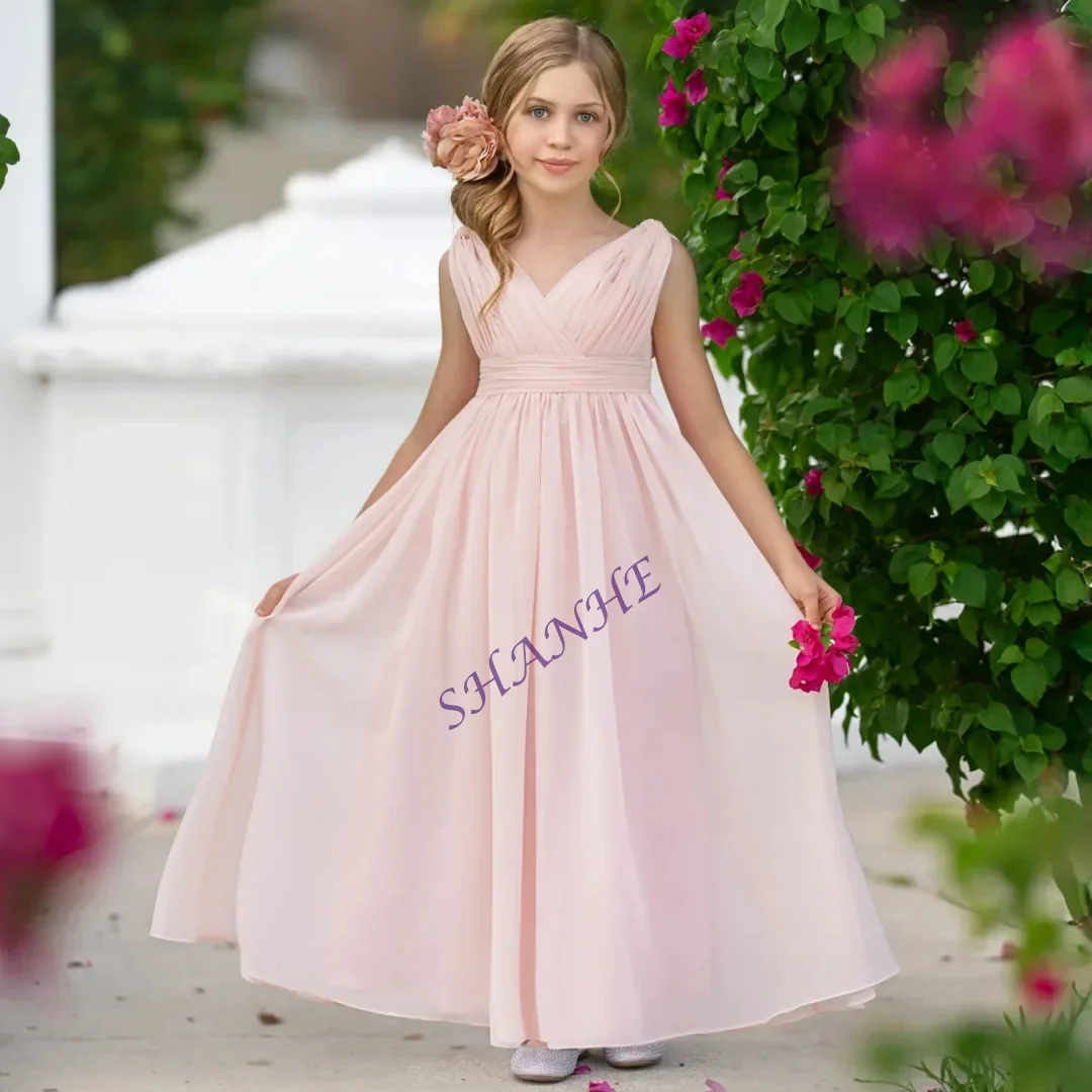 

Индивидуальное платье для девочек с цветочным узором, розовое шифоновое однотонное плиссированное платье без рукавов для свадьбы, дня рождения, выпускного вечера, банкета, платье принцессы