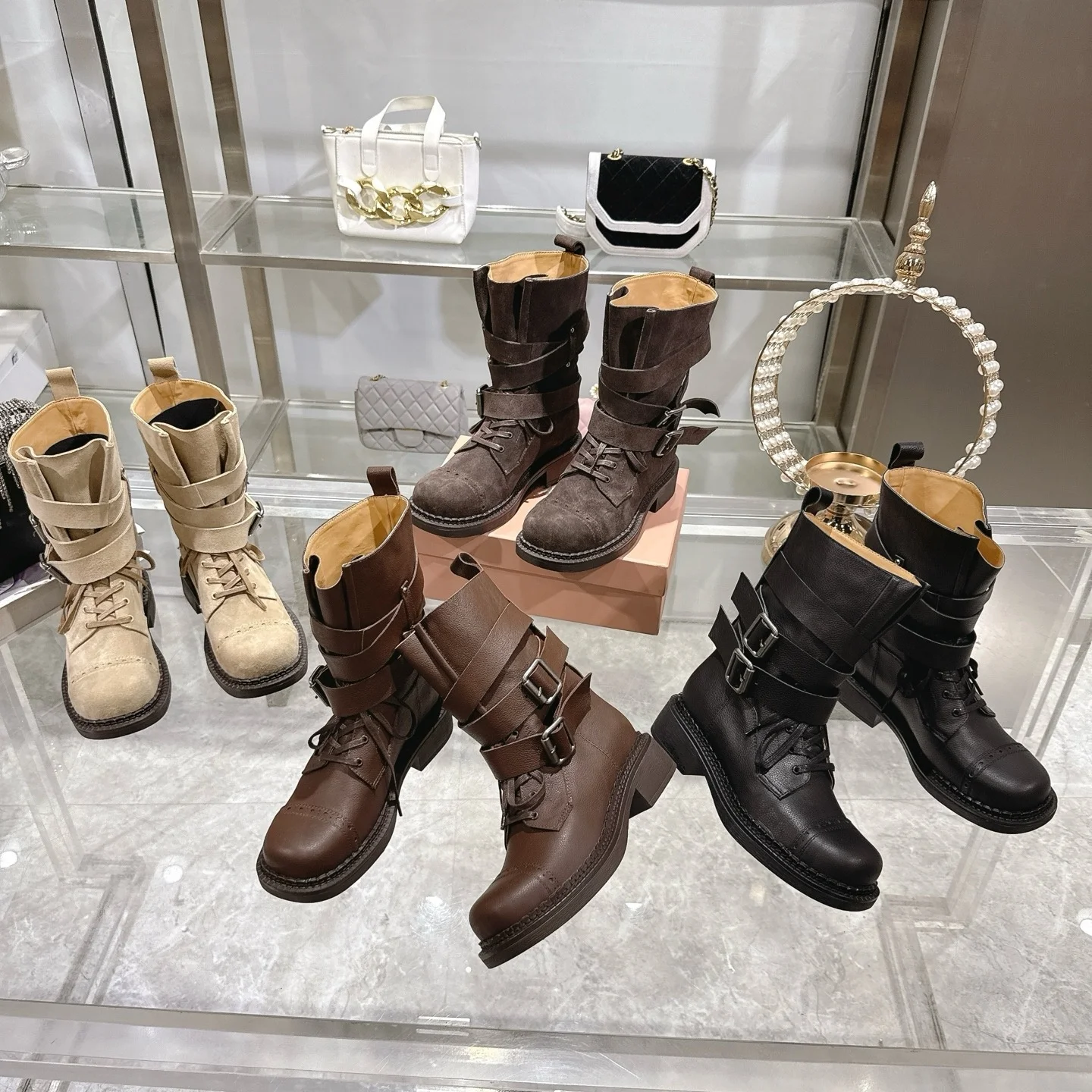 

2025 New Fashionable Versatile Comfortable Chunky Heel Biker Boots with Buckle Martin Boots Trendy Mid-Calf Boots for Women