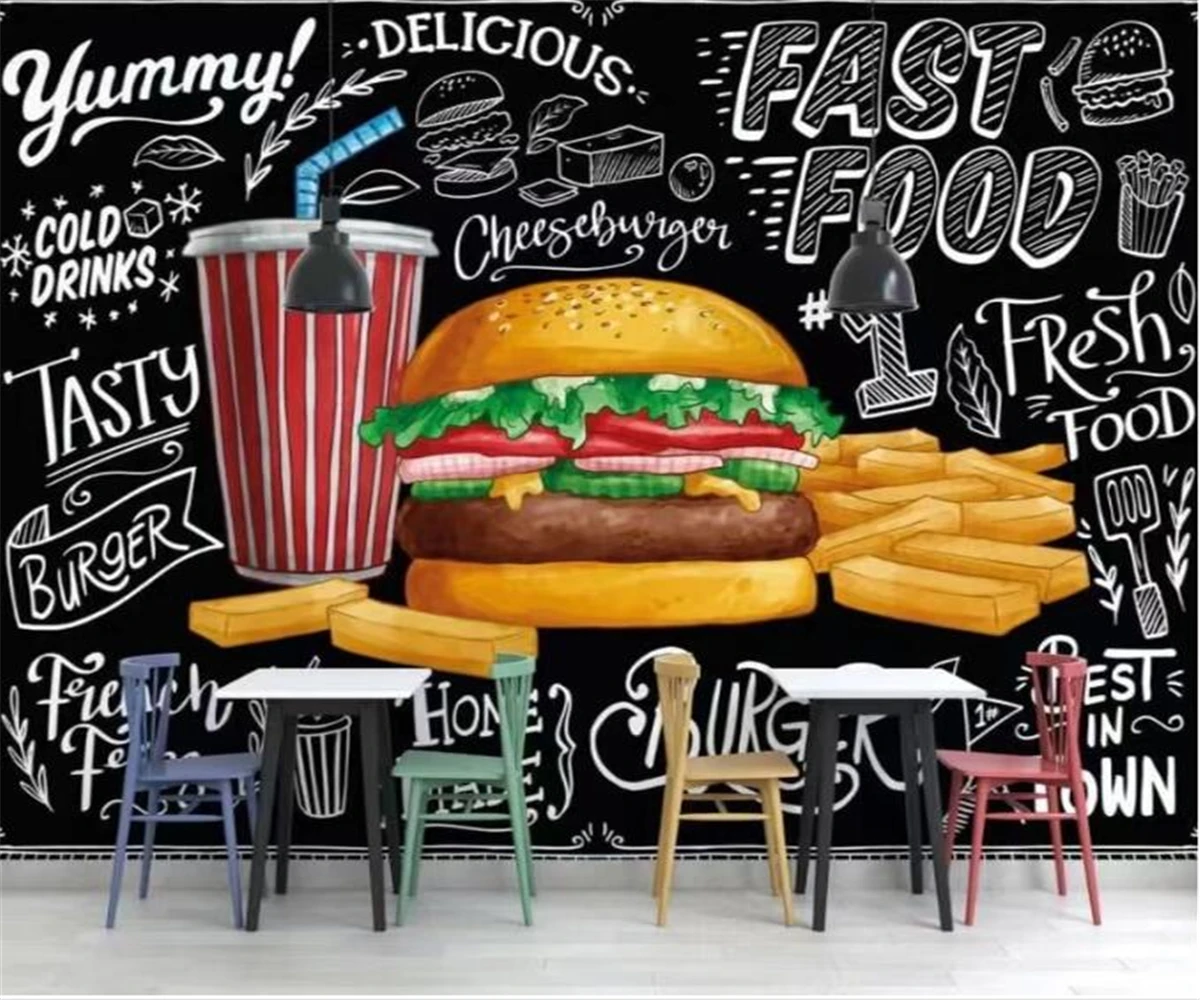 

Custom large mural hand-painted delicious burger fast food restaurant tooling background wall decoration 3d wallpaper