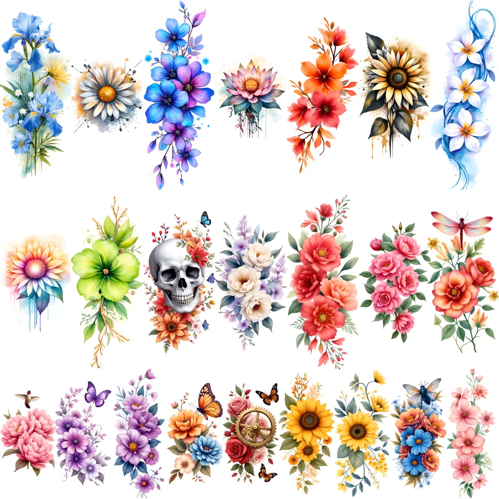 

Временные татуировки, татуировки с черепом, водонепроницаемые долговечные наклейки для тела, цветочные татуировки, татуировки с бабочками, смешанные цветы для