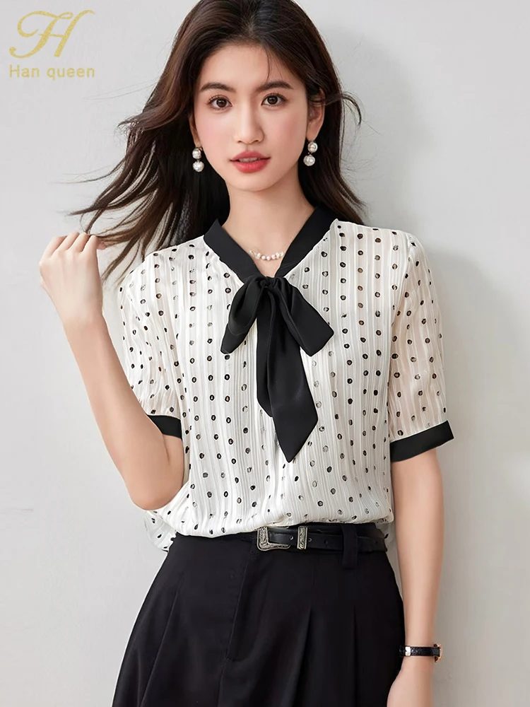 

H Han Queen 2025 New Summer Vintage Tops Simple Elegant Chiffon Blouse Bow Lace-Up Bow Short Sleeve Casual Shirts Woman Clothing