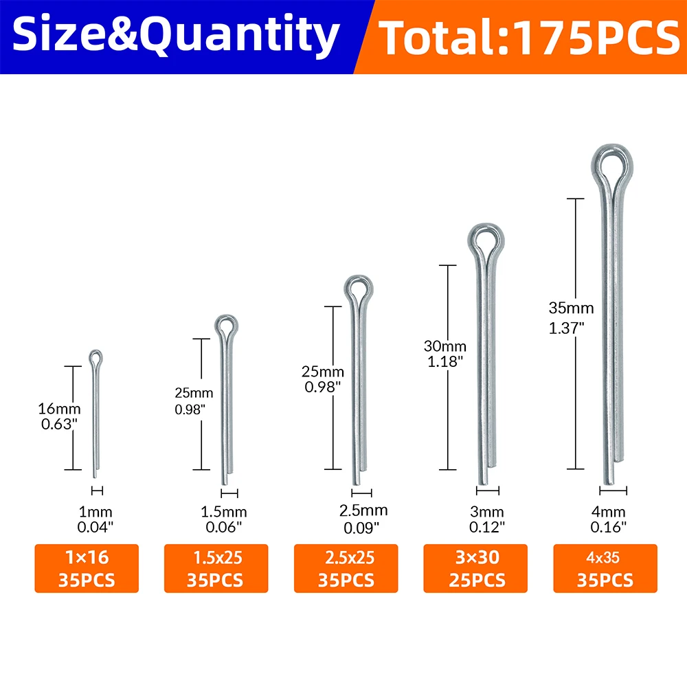 175 Uds kit de pasadores de acero inoxidable tamaños surtidos 304 Kit surtido de pasadores divididos de acero inoxidable + caja horquilla con silbato pasador en U