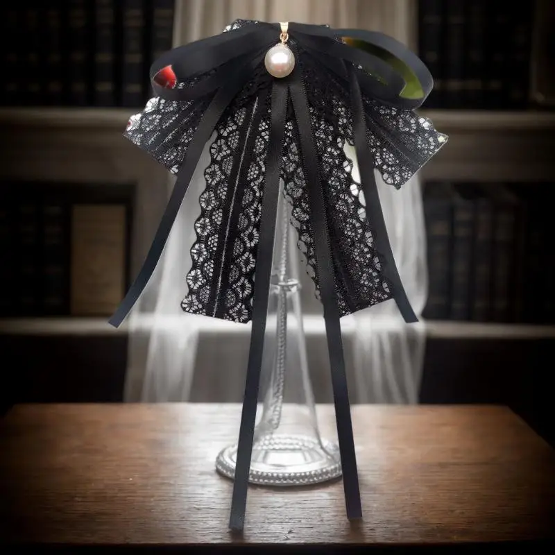 Модная черная кружевная лента, галстук-бабочка, жемчужная подвеска, брошь, женская рубашка, воротник, одежда, галстук, украшения, аксессуары