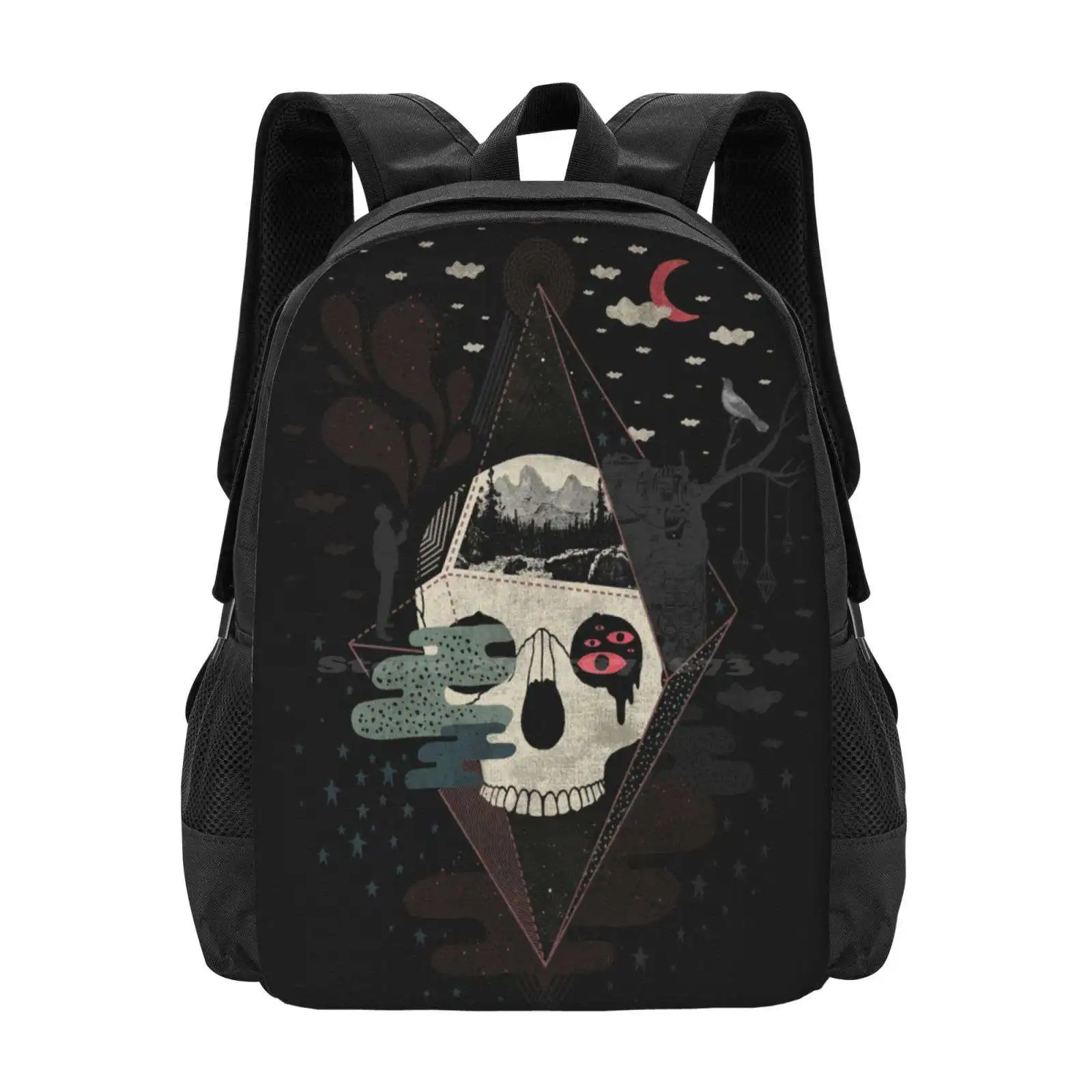 Happy Riddle Pattern Design Bag Student'S Backpack Skull Surrealism Surrealistic Abstract Diamond Geometry Night Dark Moon