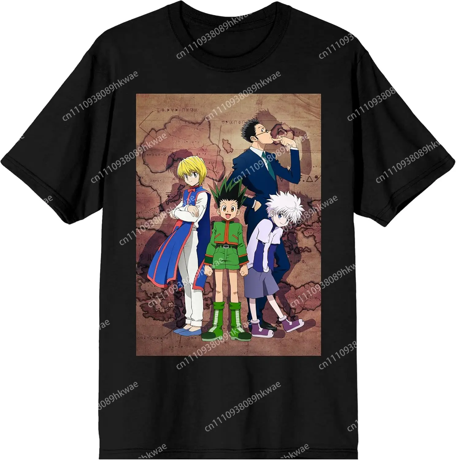 Классическая черная футболка с графическим принтом Hunter X Hunter с изображением персонажей Гона, Килуа, Курапики и Леорио.