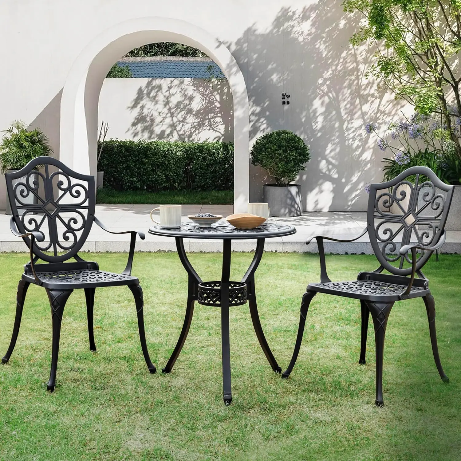 Nuu Garden Bistro Set 3 Piece Outdoor, Cast Aluminum Patio Bistro Sets With Umbrella Hole, Bistro Table And Chairs Set Of 2