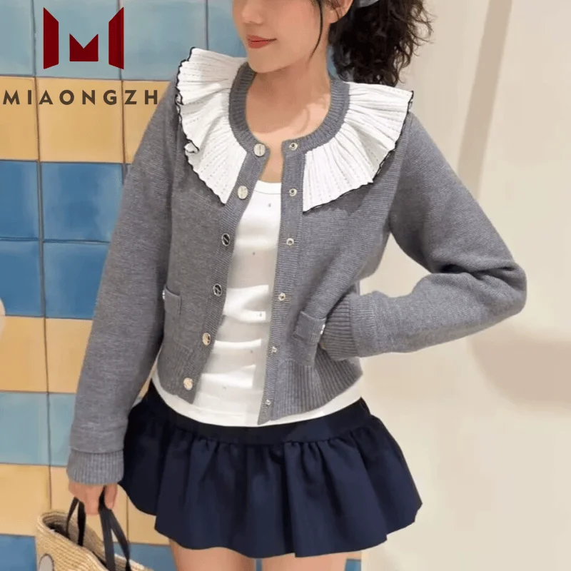 

High Quality Autumn New Contrast Knitted Cardigan For Women O Neck Coat Long Sleeve Metal Single Button Ladies Fashion Sweaters