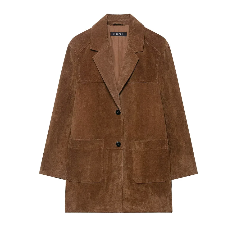 

Autumn women's lapel long sleeved pocket embellished with suede suit leather long jacket jacket