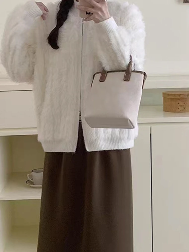 

Autumn and winter new high-end lapel collar sweater women solid color zipper fashion versatile knitted cardigan jacket