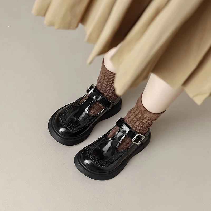 New Girls Leather Shoes Princess Fashion Cowhide Thick Sole Casual Children Dance Performance British Style Kids Party Moccasins