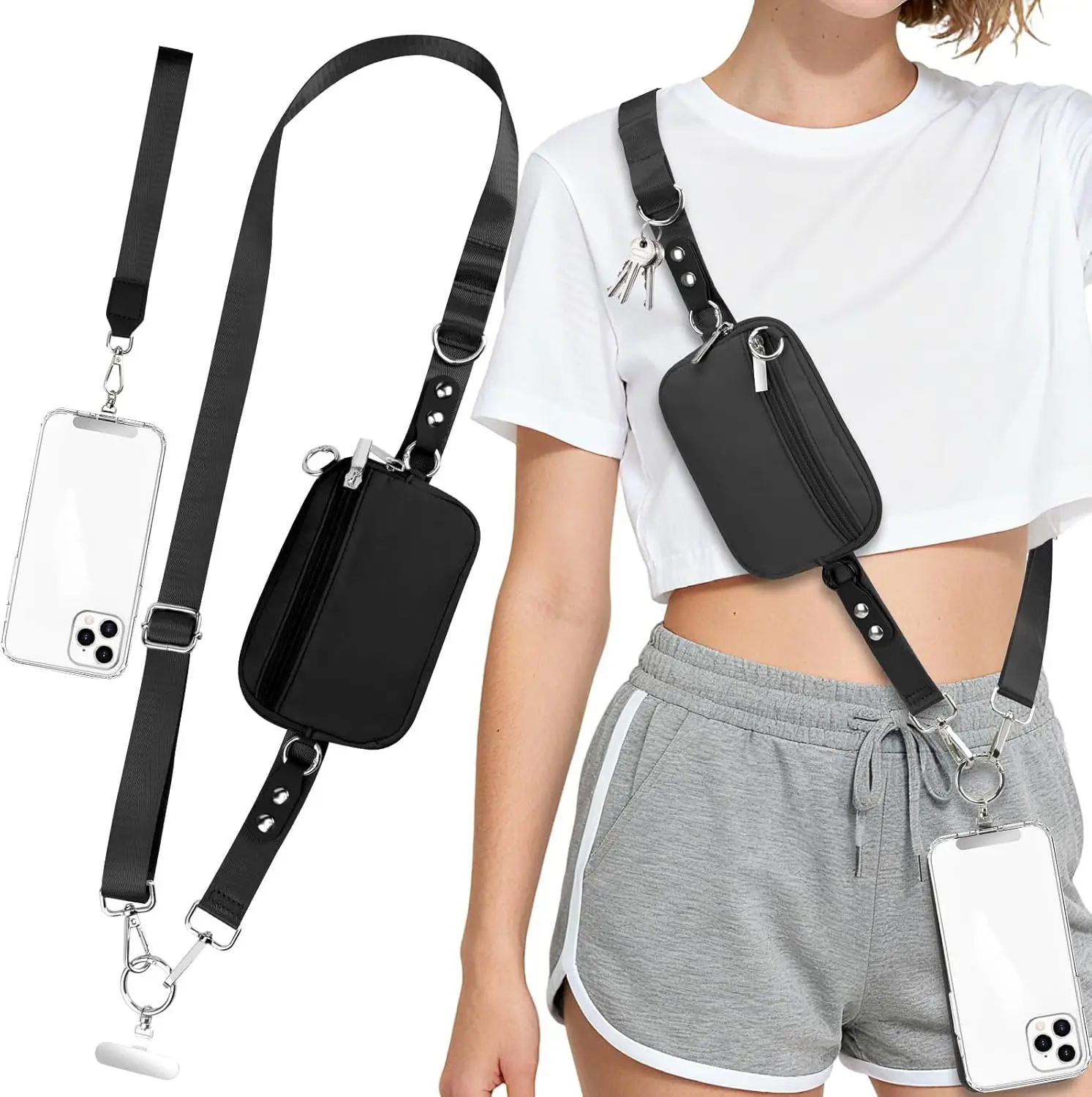 

3-in-1 Adjustable Phone Lanyard with RFID Wallet, Crossbody Strap for Women, Hands-Free Travel Accessory